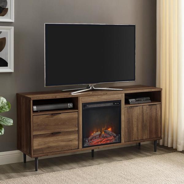 60 in. Reclaimed Barnwood Wood and Metal TV Stand with 2-Drawers Fits TVs up to 65 in. with Electric Fireplace