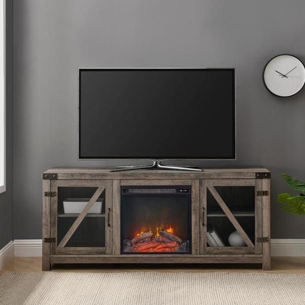 58 in. Grey Wash Glass Barn Door Fireplace Console