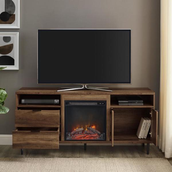 60 in. Reclaimed Barnwood Wood and Metal TV Stand with 2-Drawers Fits TVs up to 65 in. with Electric Fireplace