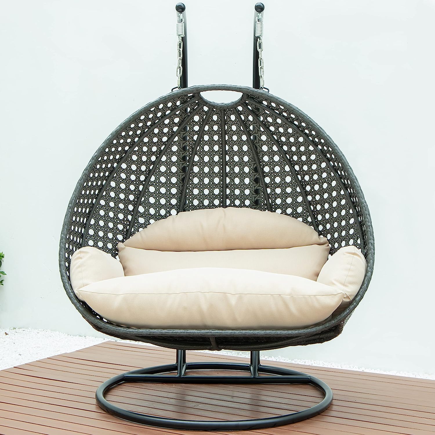 LeisureMod 2 Person Hanging Double Swing Chair, X-Large Wicker Rattan Egg Chair with Stand and Cushion for Indoor Outdoor Patio Garden (Light Green)