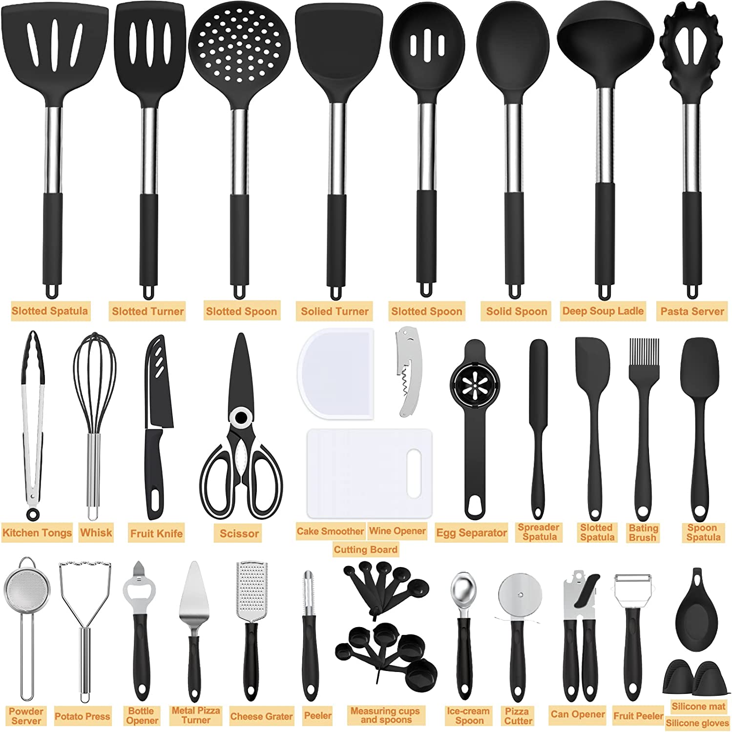 Silicone cooking tool set, chef 43 pieces heat-resistant kitchen tools