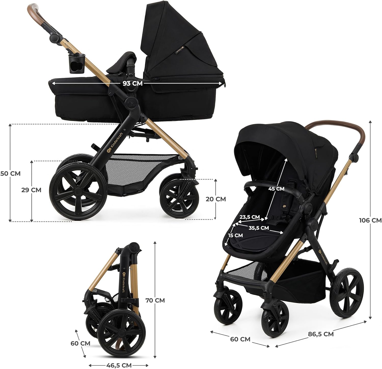 Kinderkraft MOOV2 Poussette 3 en 1, Système de voyage de la naissance à 27 kg, Siège auto Mink PRO I-Size inclus, Capote extensible avec filtre UPF50+, Accessoires pratiques, Gris