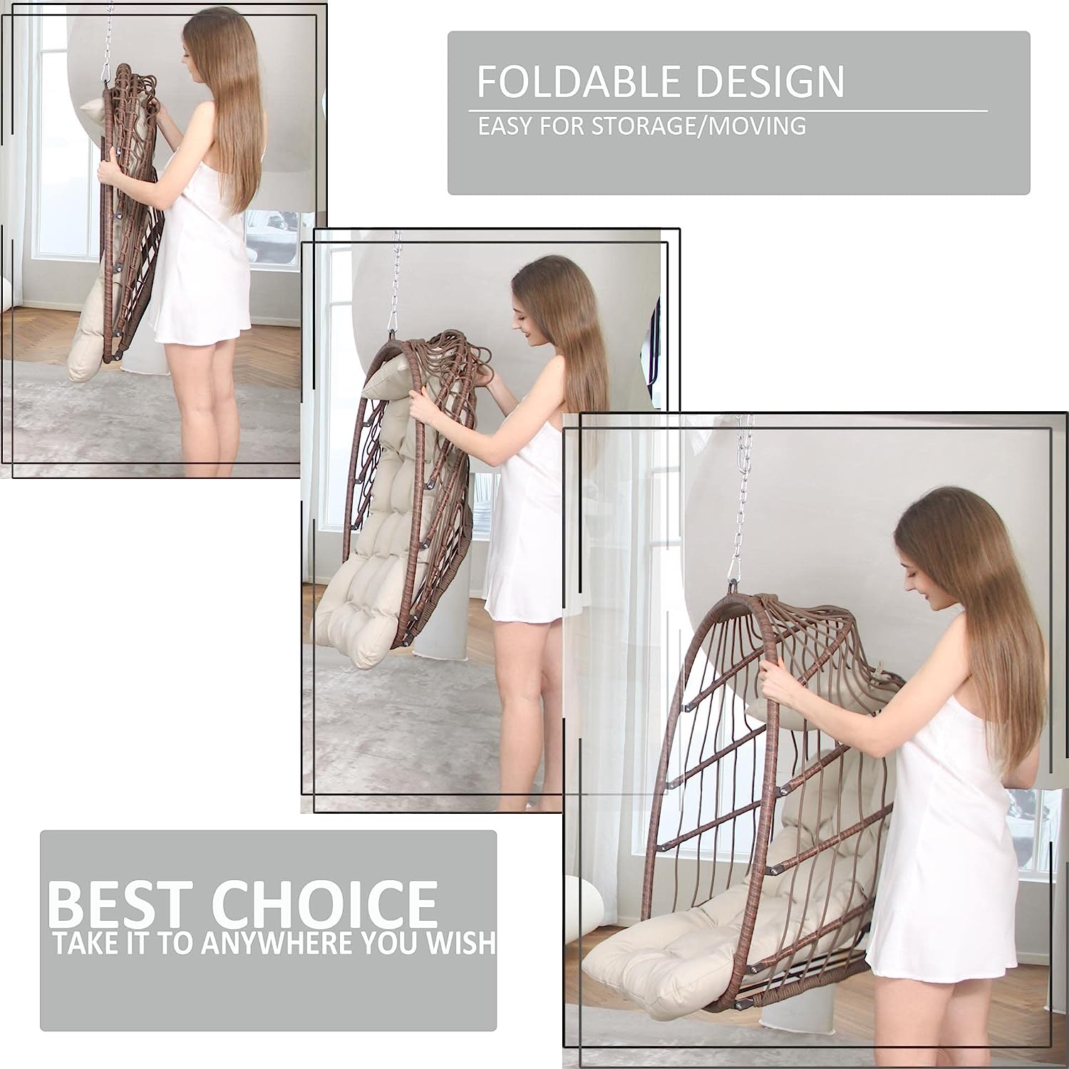 Swing Egg Chair Without Stand Indoor Outdoor Wicker Rattan Patio Basket Hanging Chair with UV Resistant Cushions 265lbs Capaticy for Bedroom Balcony Patio (Without Stand)