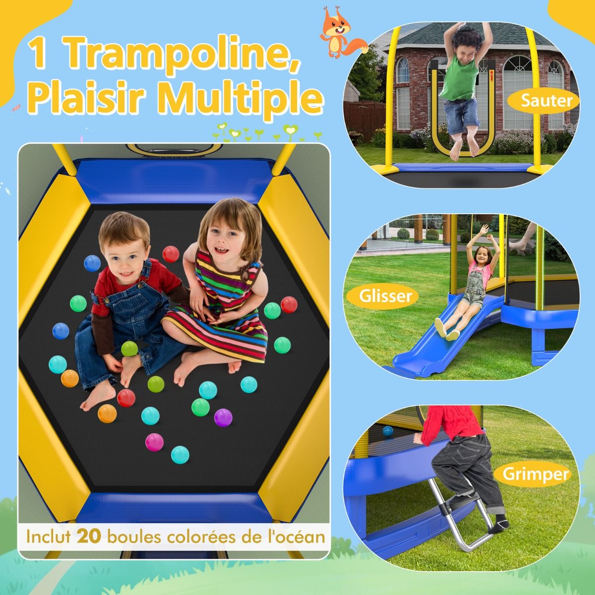 Trampoline Extérieur Ø 223cm avec Toboggan&Echelle avec Filet de Sécurité 2 Portes en U Charge 270kg pour 2-3 Enfants de 3 Ans+ Bleu/Vert