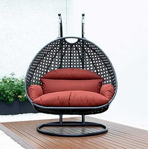 LeisureMod 2 Person Hanging Double Swing Chair, X-Large Wicker Rattan Egg Chair with Stand and Cushion for Indoor Outdoor Patio Garden (Light Green)