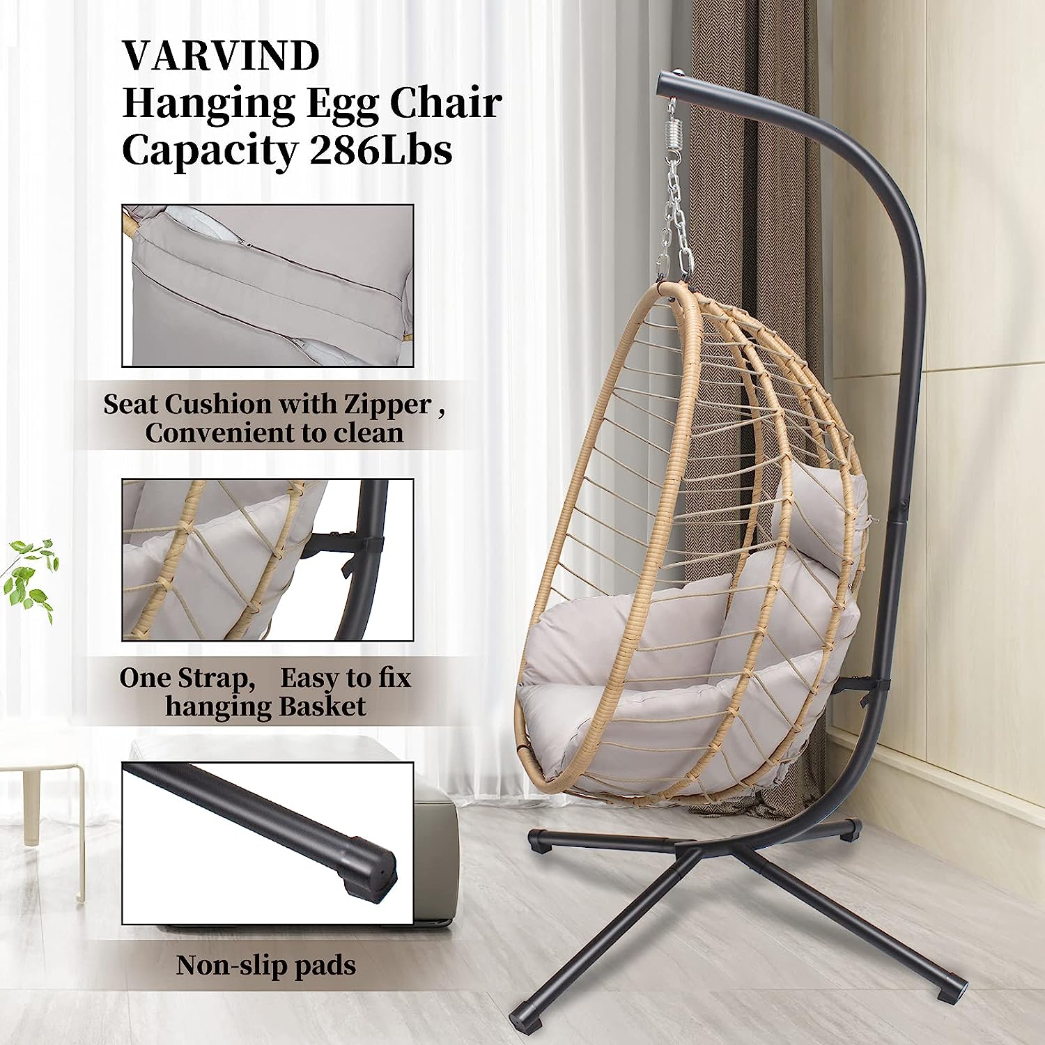 VARVIND Hammock Chair,Swing Egg Chiar with Stand and Cushions, Pillow, Foldable Wicker Rattan Hanging Egg Chair,Adjustable Height,Anti-UV&Waterproof, Indoor and Outdoor Use,286Lbs(Brown)