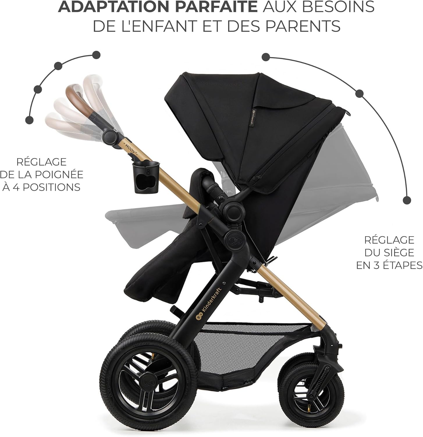 Kinderkraft MOOV2 Poussette 3 en 1, Système de voyage de la naissance à 27 kg, Siège auto Mink PRO I-Size inclus, Capote extensible avec filtre UPF50+, Accessoires pratiques, Gris