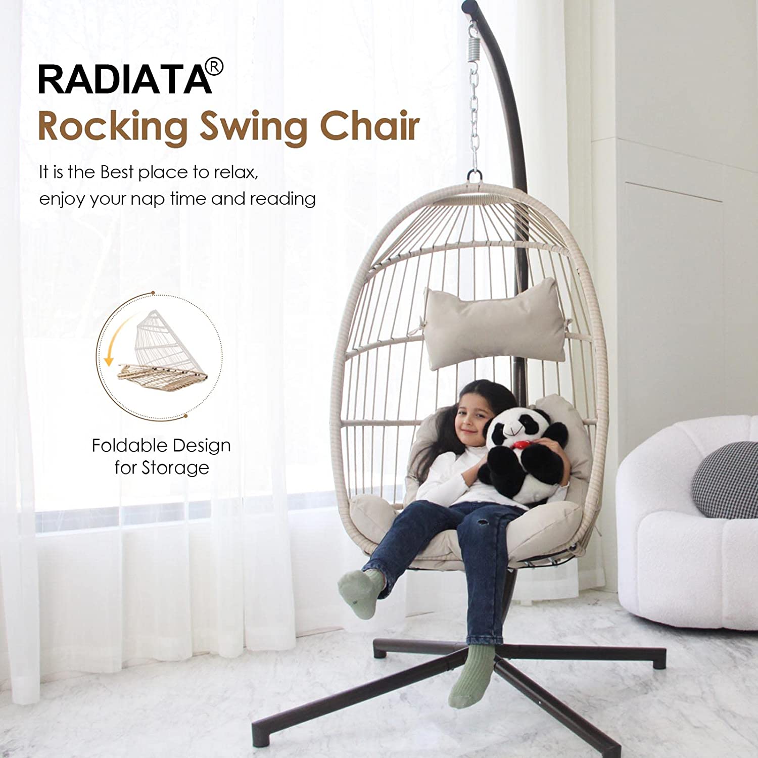 RADIATA Double Egg Chair with Stand Luxury Outdoor Patio Wicker Loveseat Hanging Swing Egg Chairs with Resistant Cushions Metal Frame 500 lbs Capaticy for 2 Persons Patio Backyard Balcony