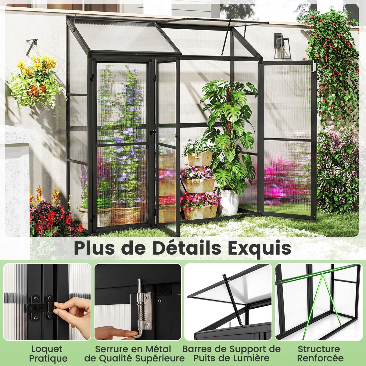 Serre de Jardin Extérieure en Aluminium Serre Mini Walk-in avec Lucarne et 3 Portes Fermables Plaques PC Résistantes au Soleil Noir