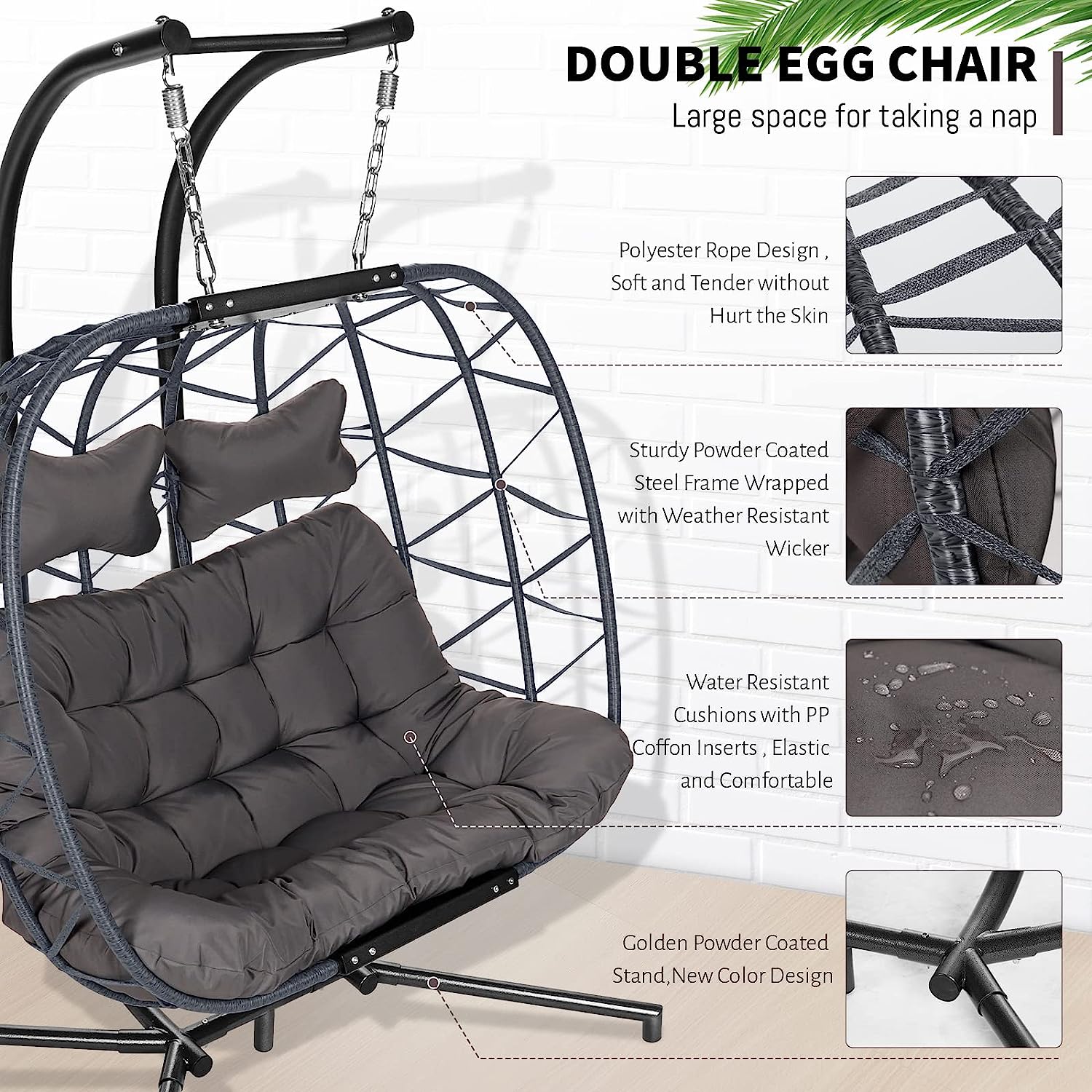 Swing Egg Chair Without Stand Indoor Outdoor Wicker Rattan Patio Basket Hanging Chair with UV Resistant Cushions 265lbs Capaticy for Bedroom Balcony Patio (Without Stand)