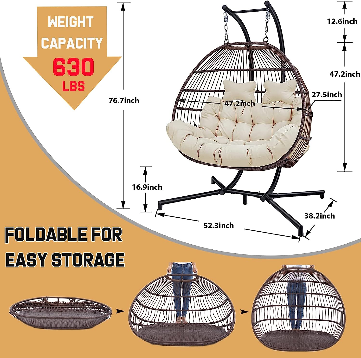 Double Egg Chair with Stand, Foldable 2-Person Hanging Swing Chair with Cover and UV Cushion, X-Large Rattan Wicker Hammock Chair for Indoor Outdoor Garden Patio (Black Frame + Gray Cushion)