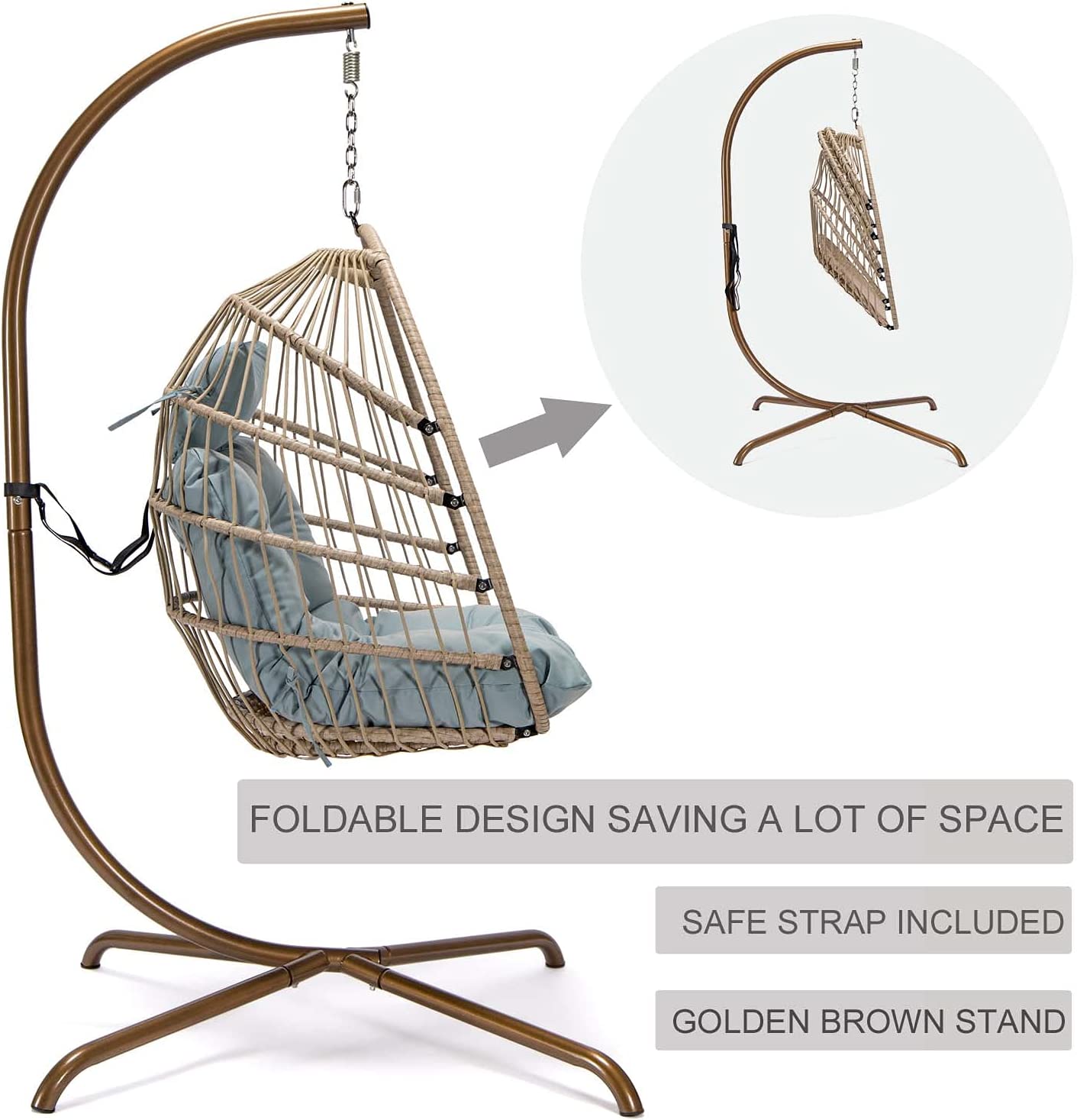 NICESOUL® Indoor Outdoor Patio Wicker Hanging Chair Swing Egg Basket Chairs with Stand UV Resistant Cushions 350lbs Capaticy for Patio Backyard Balcony Xmas Gift