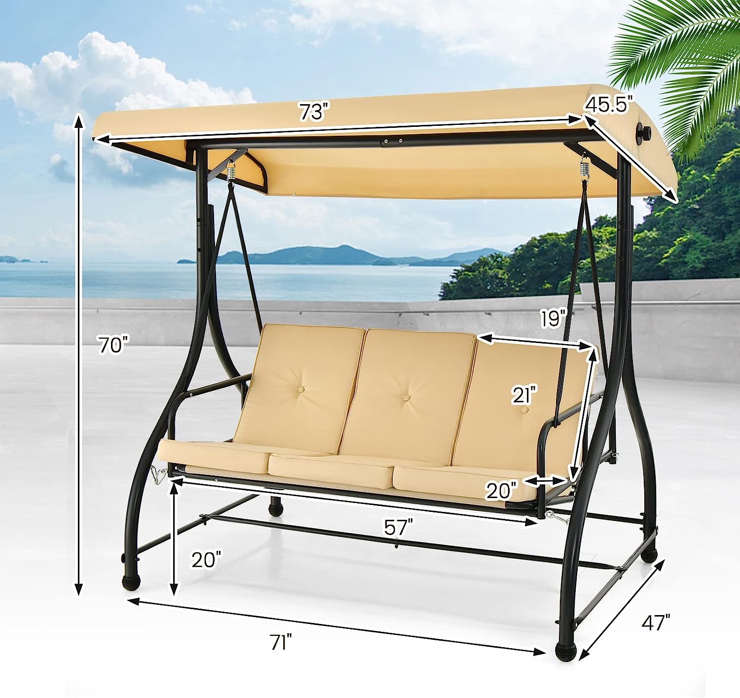 Tangkula 3 Person Porch Swing, 2-in-1 Convertible Patio Swing Bed with Removable Cushions, Solid Steel Structure, Outdoor Swing with Adjustable Canopy for Backyard, Balcony, Poolside (Turquoise)