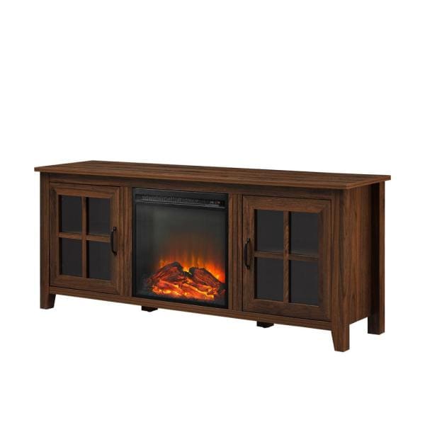 58 in. Dark Walnut Wood and Glass Transitional 2-Door Windowpane Fireplace TV Stand Fits TVs up to 65 in.