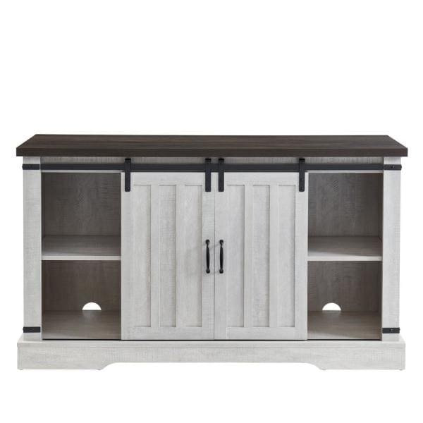 54 in. Freestanding Media Console Electric Fireplace TV Stand with Sliding Barn Door in Stone Gray