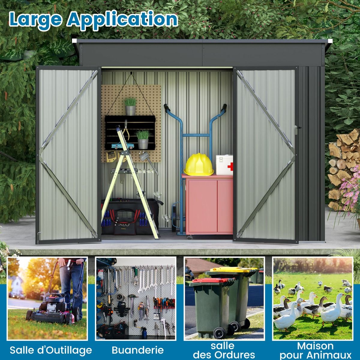 Abri de Jardin Extérieur Abri à Outils de Jardin avec 2 Portes Design Incliné Aérations Cadre en Métal Galvanisé 235x117x185cm Gris Foncé