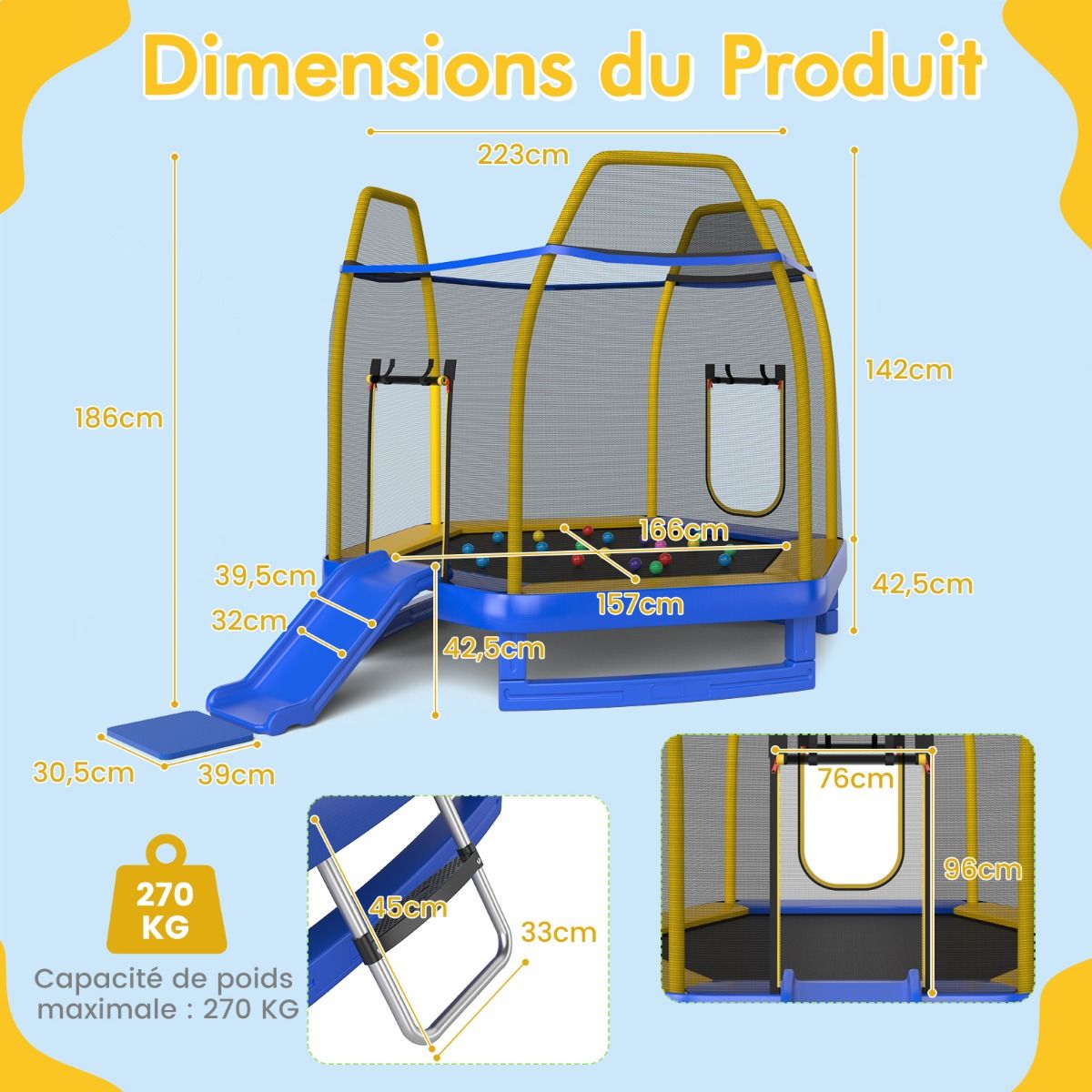 Trampoline Extérieur Ø 223cm avec Toboggan&Echelle avec Filet de Sécurité 2 Portes en U Charge 270kg pour 2-3 Enfants de 3 Ans+ Bleu/Vert
