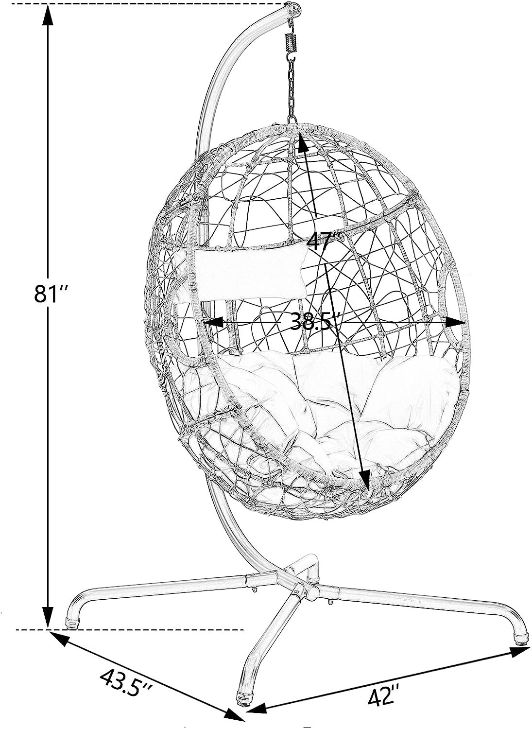 Ulax Furniture Outdoor Wicker Hanging Chair Indoor Swing Egg Chair with Stand Patio Rattan Hammock Basket Chair with Soft Deep Fluffy Cushion