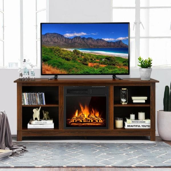 58 in. Fireplace TV Stand with 18 in. 1500-Watt Electric Fireplace 65 in. Walnut (2-Tier)