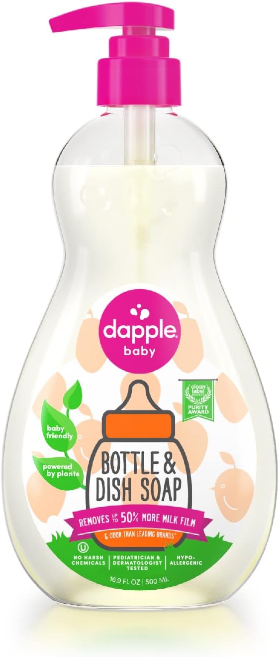 Dapple Baby, Bottle and Dish Soap Dish Liquid Plant Based Hypoallergenic 1 Pump Included, Packaging May Vary, Fragrance Free, 16.9 Fl Oz (Pack of 3)