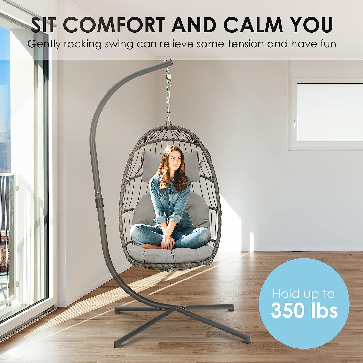 Brafab Swing Egg Chair, Hammock Chair, Hanging Chair, Aluminum Frame and UV Resistant Cushion with Steel Stand, Indoor Outdoor Patio Porch Lounge Bedroom Hand Made Wicker Rattan Chair, 350LBS Capacity