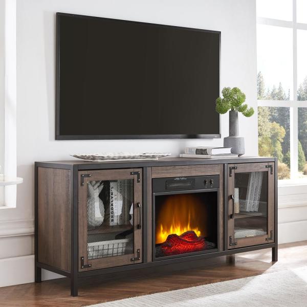 54 in. Media Electric Fireplace Full Metal Industrial Frame in Charcoal Oak