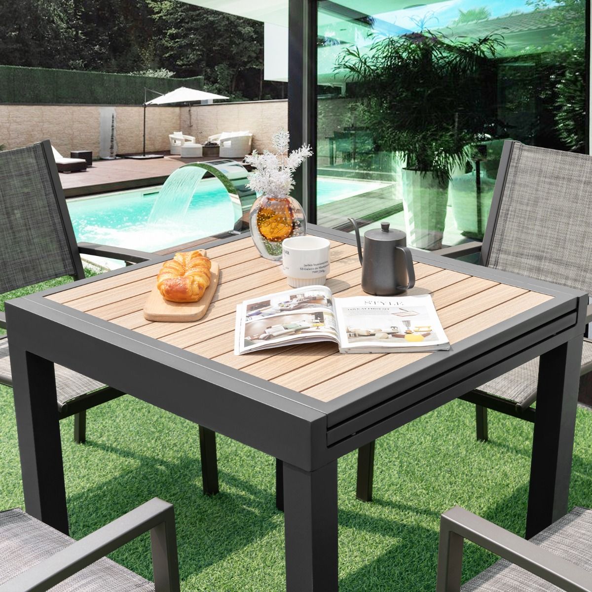 Table de Jardin Extensible en Aluminium Ajustable de 80 à 160 CM Table à Manger Extérieure Rectangulaire pour 4-6 Personnes Naturel