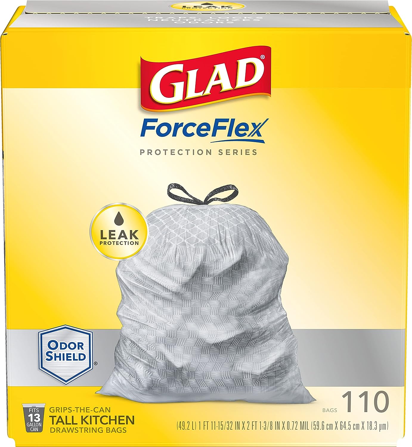 GLAD ForceFlex Tall Kitchen Drawstring Trash Bags, 13 Gallon Grey Trash Bag for Kitchen Trash Can, Odor Shield, Odor Eliminator and Leak Protection, 110 Count