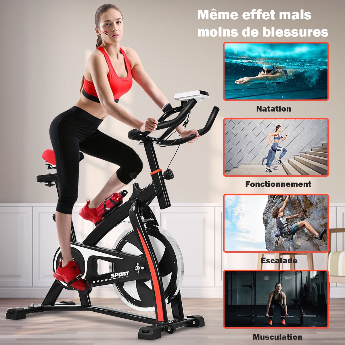 Vélo D’appartement Vélo Silencieux avec Courroie et Roue D’inertie en Fer de 10kg Guidon et Selle Ajustable Noir + Rouge