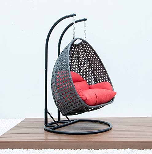LeisureMod 2 Person Hanging Double Swing Chair, X-Large Wicker Rattan Egg Chair with Stand and Cushion for Indoor Outdoor Patio Garden (Light Green)