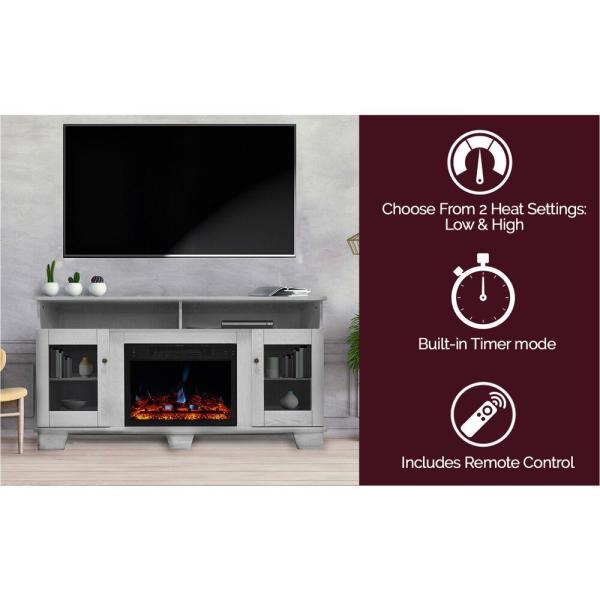 Savona 59 in. Electric Fireplace Heater TV Stand in White with Enhanced Log Display and Remote