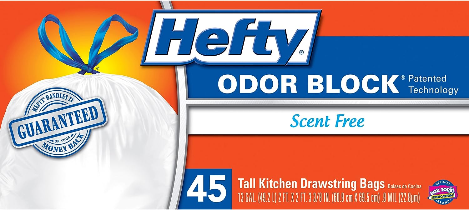 Hefty Strong Tall Kitchen Trash Bags, Unscented, 13 Gallon, 90 Count, White,Packaging may vary