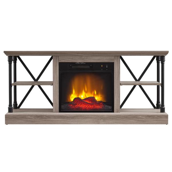 58.25 in. Industrial Open Architecture Media Electric Fireplace in Bleached Gray