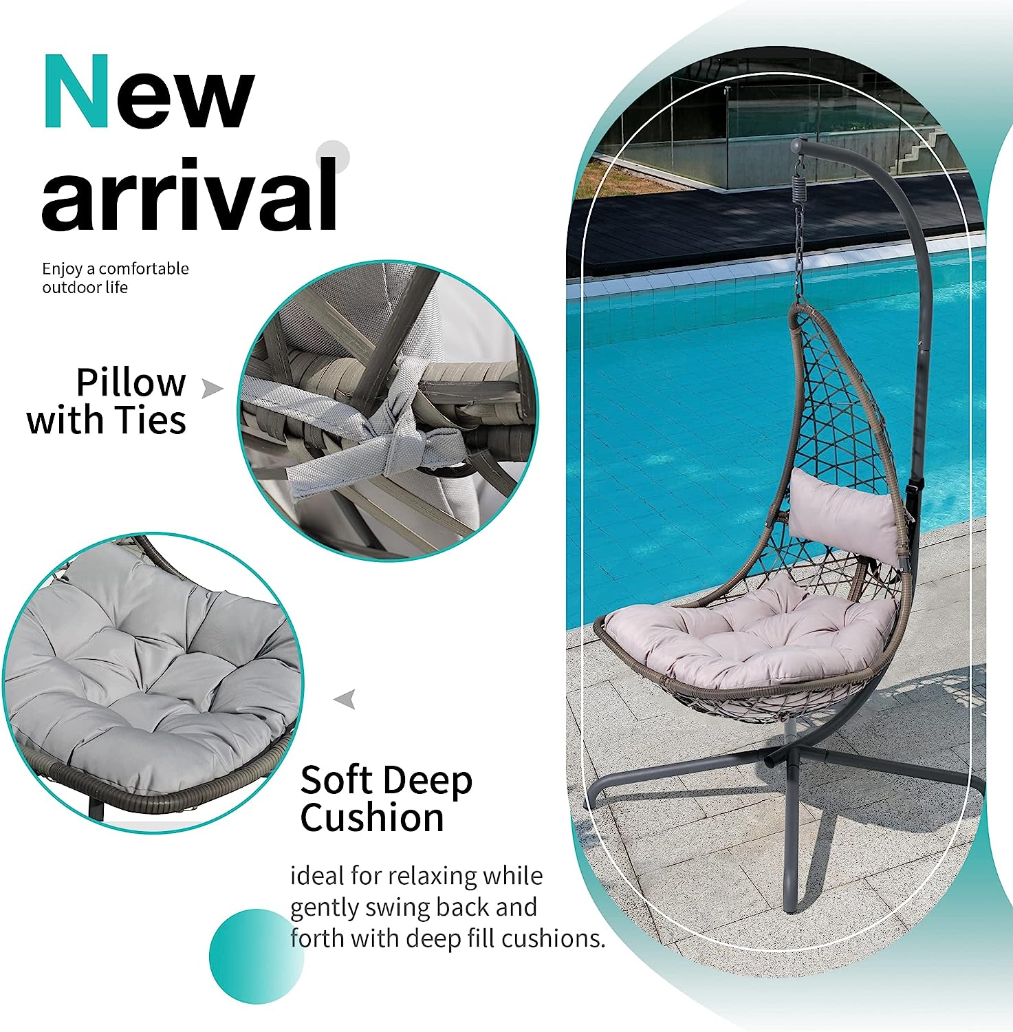 SUNSITT Swing Egg Chair Outdoor Indoor Wicker Hammock Hanging Chair Patio Lounge Chair with Stand and Cushions for Balcony, Deck, Bedroom, Grey Wicker