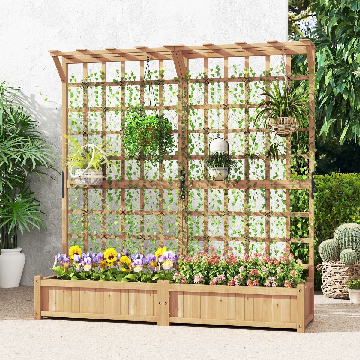 Jardinière avec 2 Treillis 2 Bacs Toit Suspendu en Bois Lit de Jardin Surélevé avec 4 Trous de Drainage 180 x 48 x 183 cm Orange