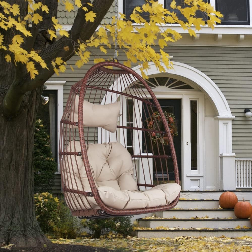 RADIATA Double Egg Chair with Stand Luxury Outdoor Patio Wicker Loveseat Hanging Swing Egg Chairs with Resistant Cushions Metal Frame 500 lbs Capaticy for 2 Persons Patio Backyard Balcony