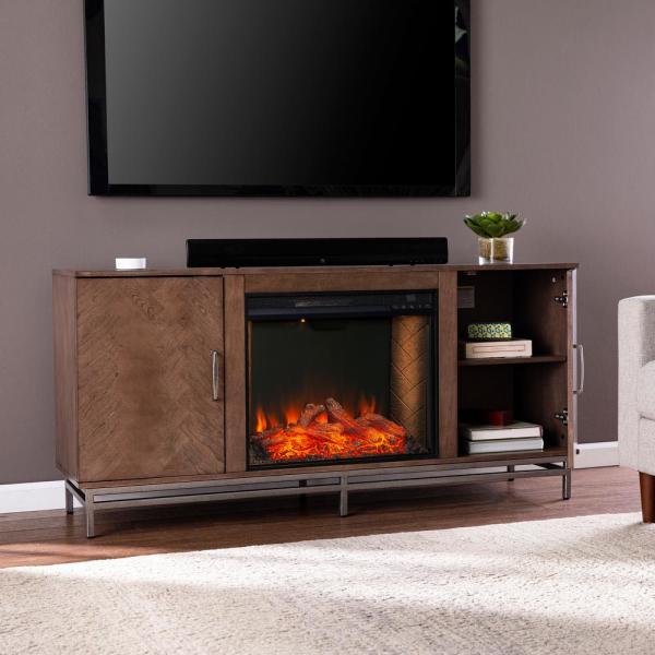 Oliver 60 in. Alexa Enabled Smart Electric Fireplace in Brown with Matte Silver