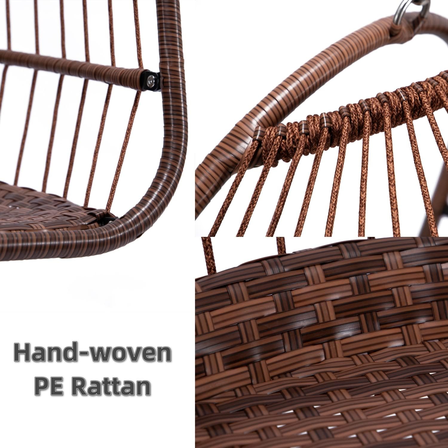 in Door Outdoor Patio Wicker Hanging Chair Swing Chair Patio Egg Chair UV Resistant Beige Cushion Aluminum Frame (Brown)