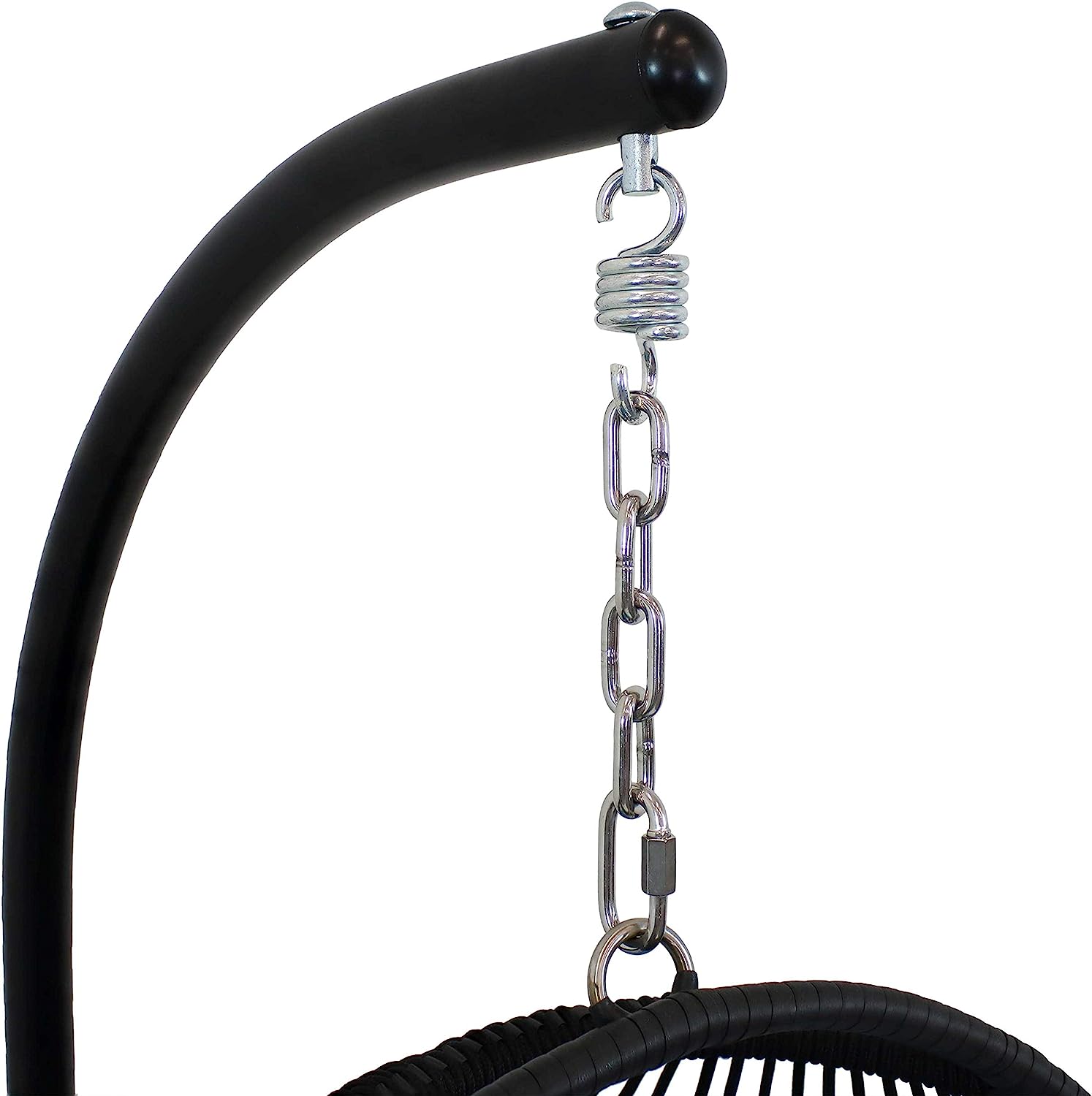 Sunnydaze Julia Hanging Egg Chair with Stand and Red Cushions - Comfy Collapsible Outdoor Egg Chair Swing with Stand - Black Polyethylene Wicker Rattan Frame with Steel Stand - 76 Inches Tall