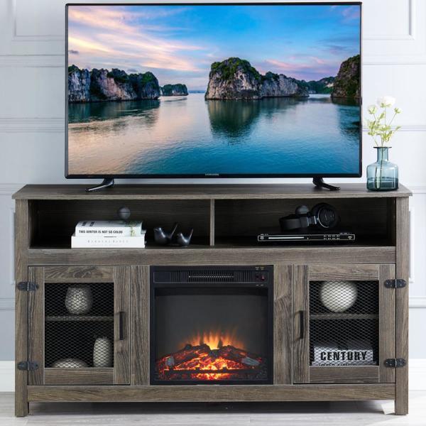 58 in. Gray Electric Fireplace TV Stand Fits TV's up to 65 in. with 2-Storage Shelves and Metal Mesh Barndoor Cabinet