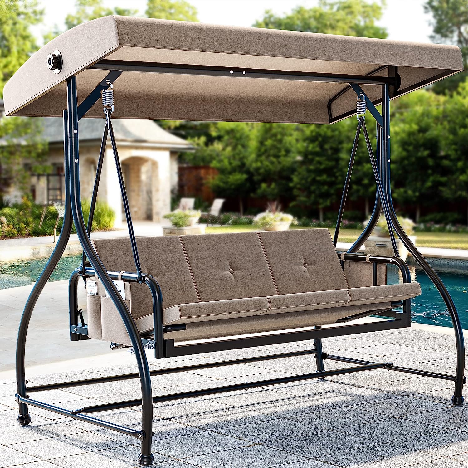 YITAHOME Porch Swing Bed 3-Seats Outdoor Patio Swing Heavy Duty Swing Chair with Adjustable Canopy Removable Cushion, Suitable for Adult in Garden, Poolside, Balcony, Brown