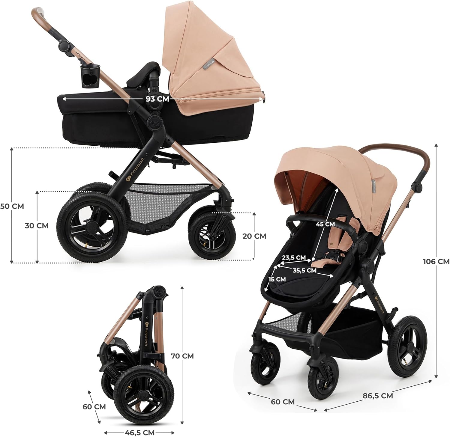 Kinderkraft MOOV2 Poussette 3 en 1, Système de voyage de la naissance à 27 kg, Siège auto Mink PRO I-Size inclus, Capote extensible avec filtre UPF50+, Accessoires pratiques, Gris