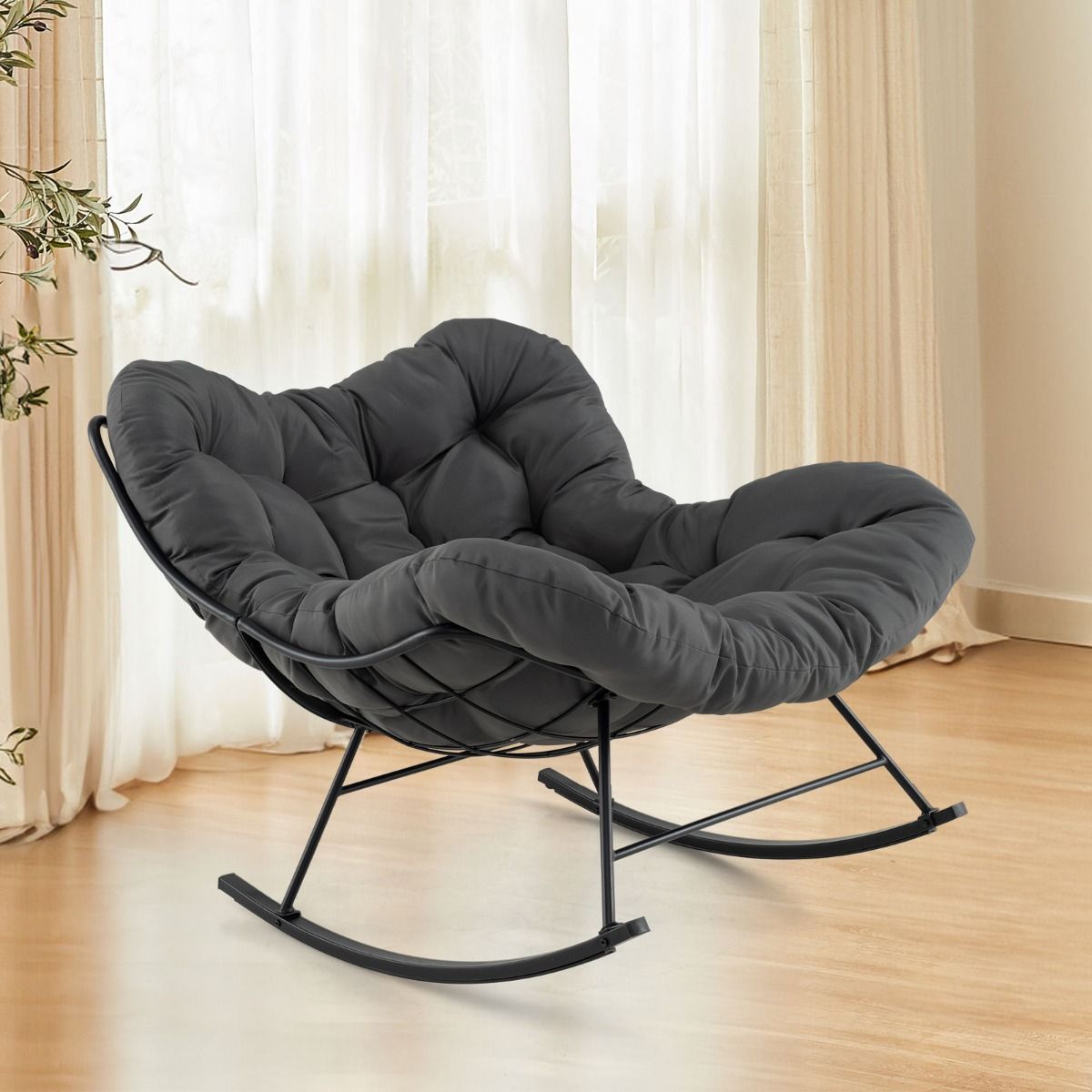 Chaise à Bascule d'Intérieur et d'Extérieur Chaise Papasan Surdimensionnée avec Coussin Rembourré & Cadre en Métal Capacité 205 Kg Gris