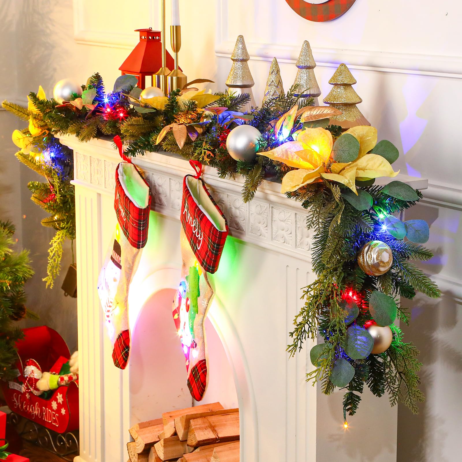 9 Ft Multi-Color Lights Battery Operated Artificial Christmas Garland with Timer