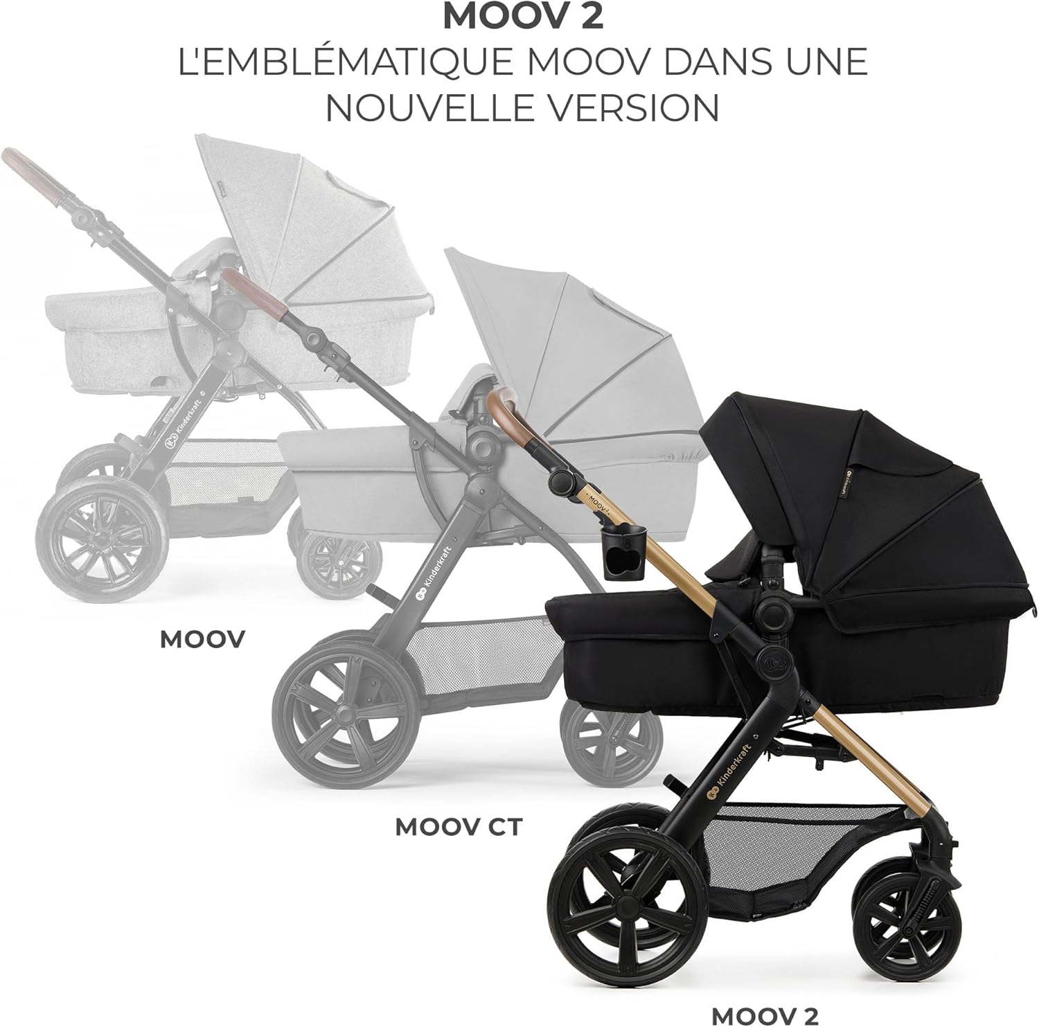 Kinderkraft MOOV2 Poussette 3 en 1, Système de voyage de la naissance à 27 kg, Siège auto Mink PRO I-Size inclus, Capote extensible avec filtre UPF50+, Accessoires pratiques, Gris