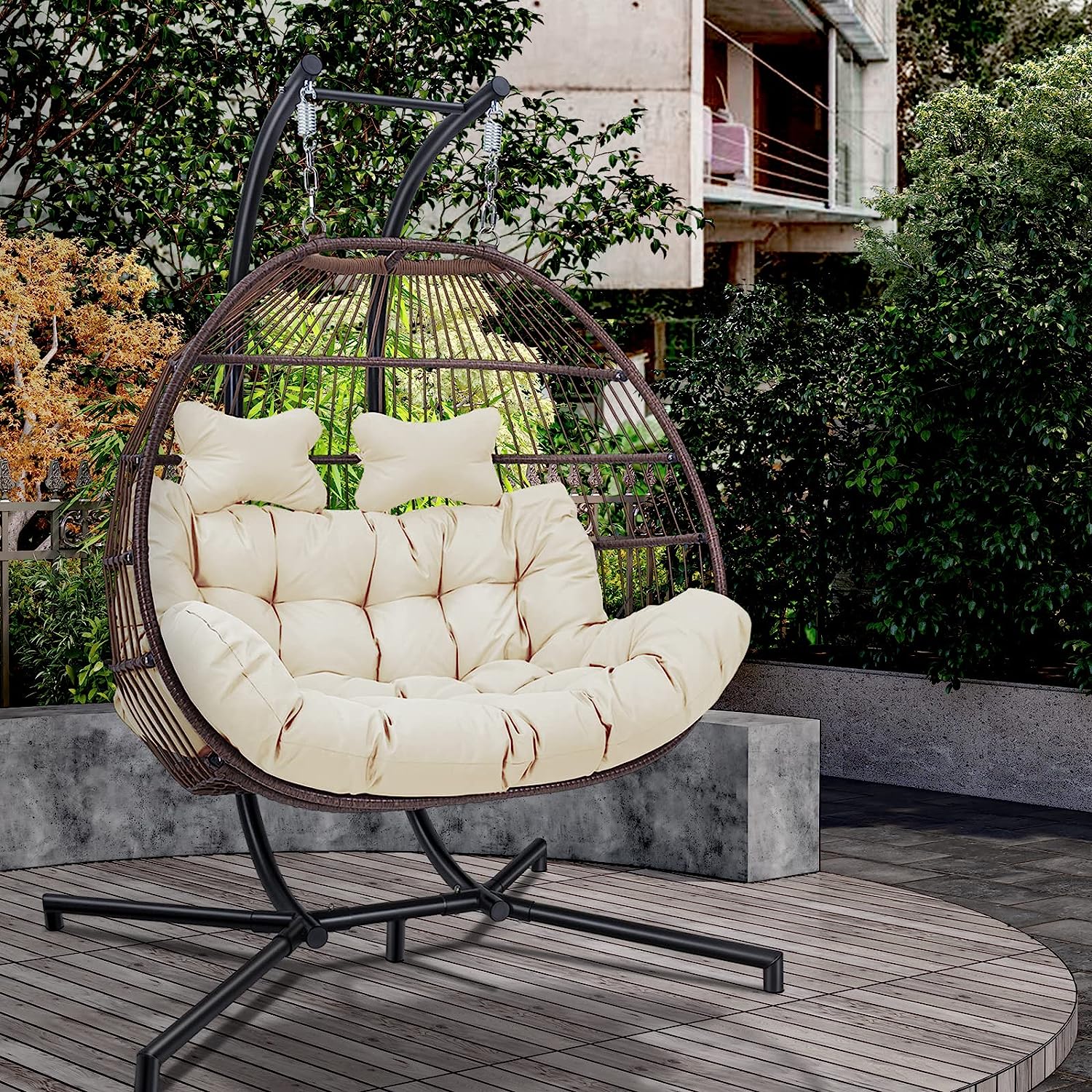 Double Egg Chair with Stand, Foldable 2-Person Hanging Swing Chair with Cover and UV Cushion, X-Large Rattan Wicker Hammock Chair for Indoor Outdoor Garden Patio (Black Frame + Gray Cushion)