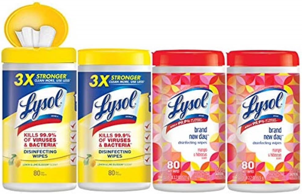 Lysol Disinfectant Wipes Bundle, Multi-Surface Antibacterial Cleaning Wipes, For Disinfecting & Cleaning, contains x2 Lemon & Lim Blossom (80ct) x1 Crisp Linen (80 Ct) & x1 Mango & Hibiscus (80 Ct)