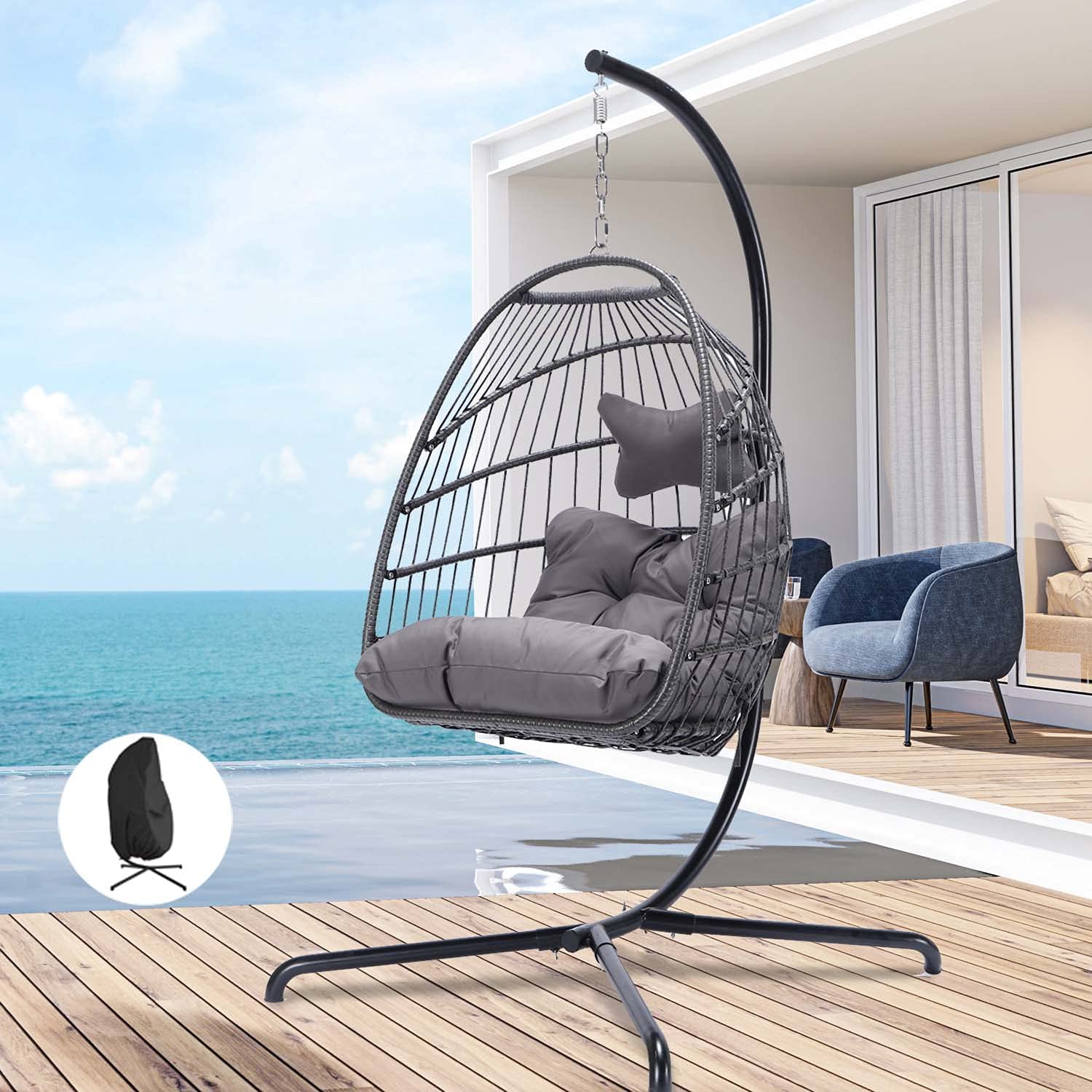 Swing Egg Chair Without Stand Indoor Outdoor Wicker Rattan Patio Basket Hanging Chair with UV Resistant Cushions 265lbs Capaticy for Bedroom Balcony Patio (Without Stand)