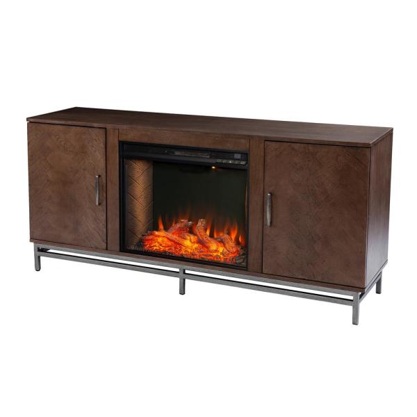 Oliver 60 in. Alexa Enabled Smart Electric Fireplace in Brown with Matte Silver