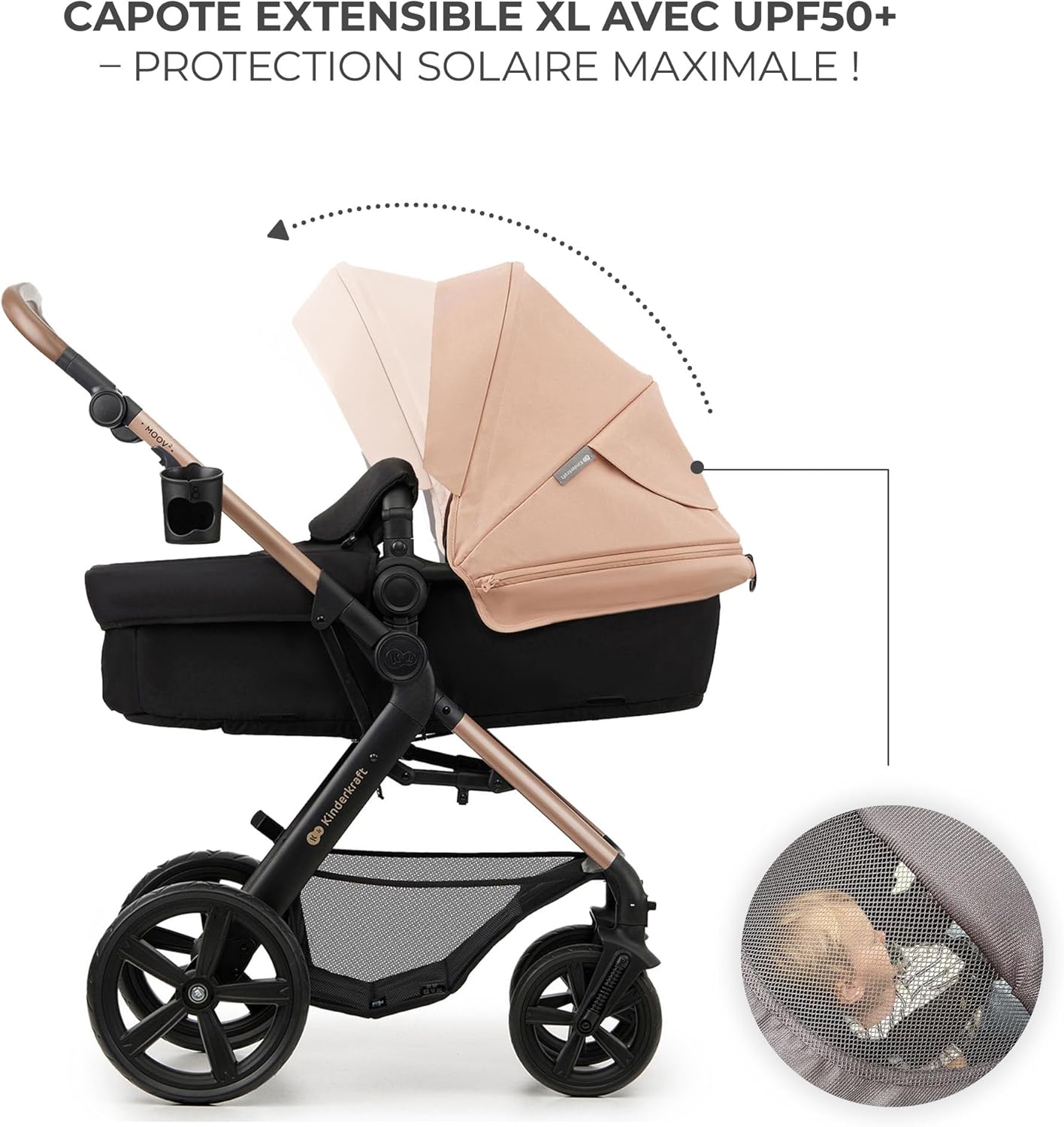 Kinderkraft MOOV2 Poussette 3 en 1, Système de voyage de la naissance à 27 kg, Siège auto Mink PRO I-Size inclus, Capote extensible avec filtre UPF50+, Accessoires pratiques, Gris